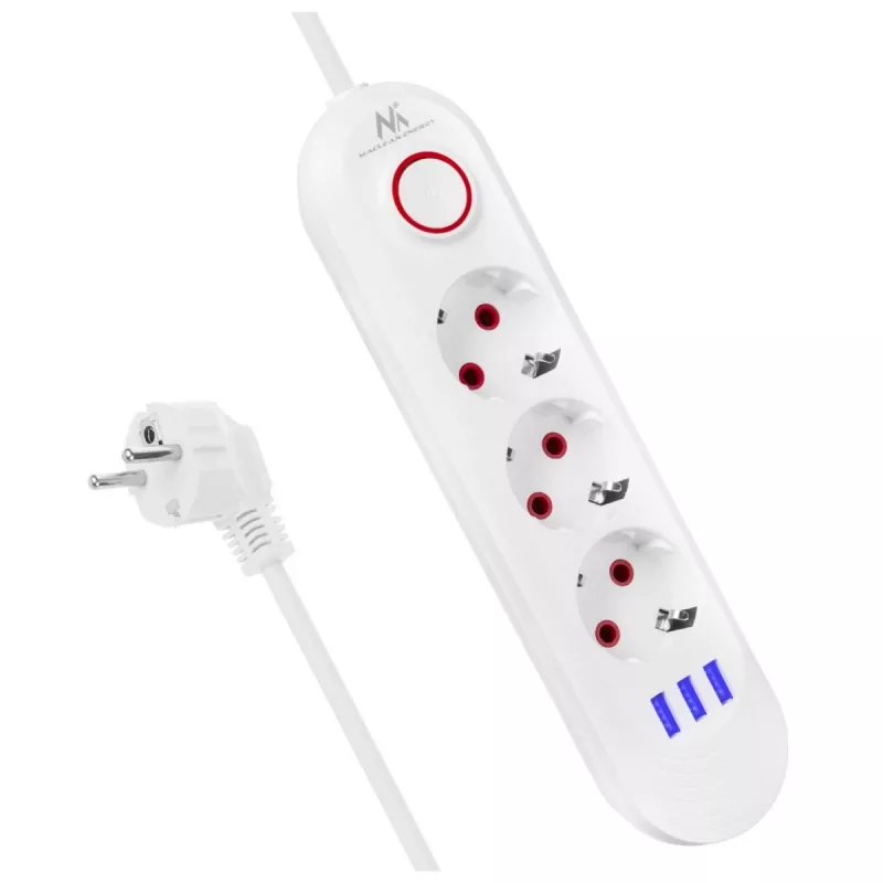 Power strip MACLEAN MCE394W — 3 sockets, 3×USB 2.1A, 110–240V AC, 2500W, 1.5 m cable, white