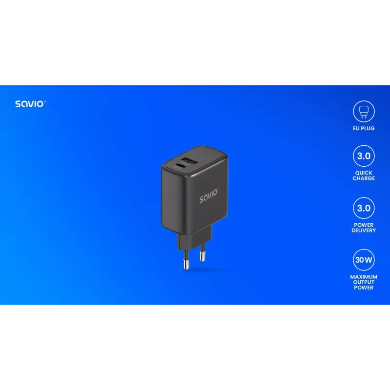 SAVIO LA-06/B 30W Wall Charger, USB-A + USB-C, Quick Charge, Power Delivery 3.0, Black