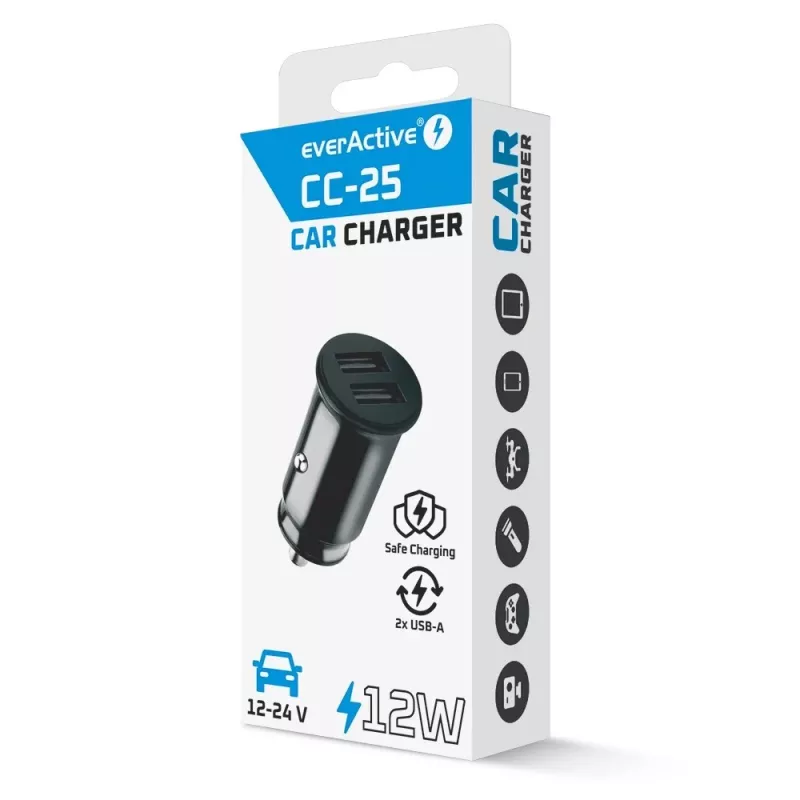 Car charger everActive CC-25 — 2x USB ports, 12W total output, 12V–24V vehicle power