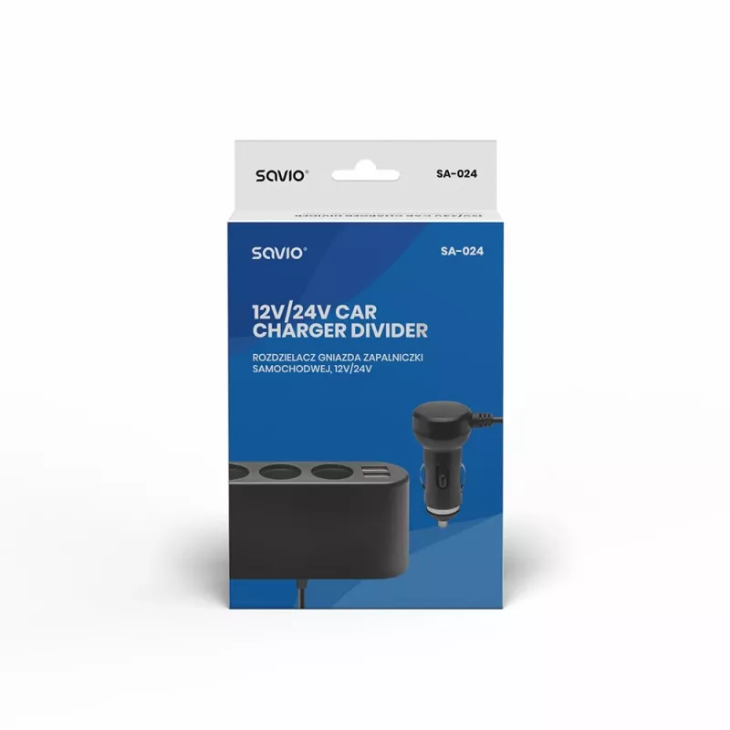 Car USB charger SAVIO SA-024 — universal mobile device charger, input 12–24 V, output 5 V, black, cigar lighter