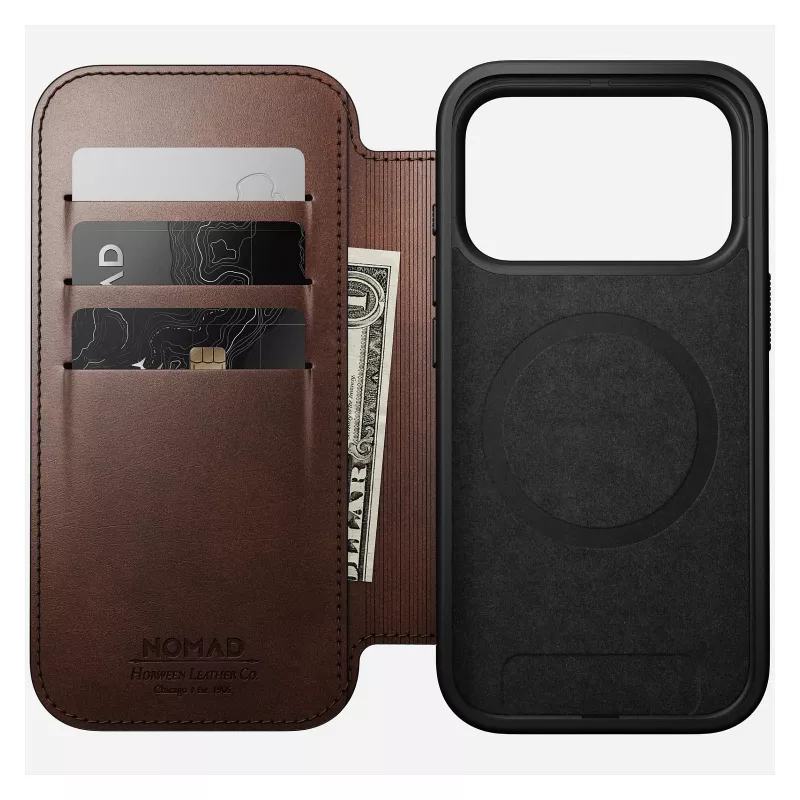Mobile phone cover Nomad Modern Leather Folio for iPhone 17 Pro, leather/aluminium, 16 cm (6.3 inch) brown, 4 card pockets