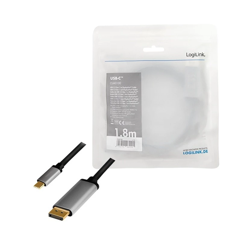 LogiLink CUA0100 Cable Gender Changer DisplayPort USB 3.2 Gen1 Type-C 1.8m Black Grey
