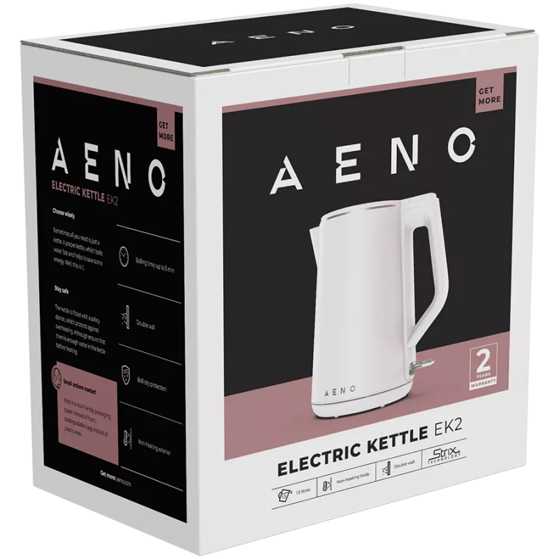 AENO Electric Kettle EK2: 1850-2200W, 1.5L, Strix, Double-walls, Non-heating body, Auto Power Off, Dry tank Protection
