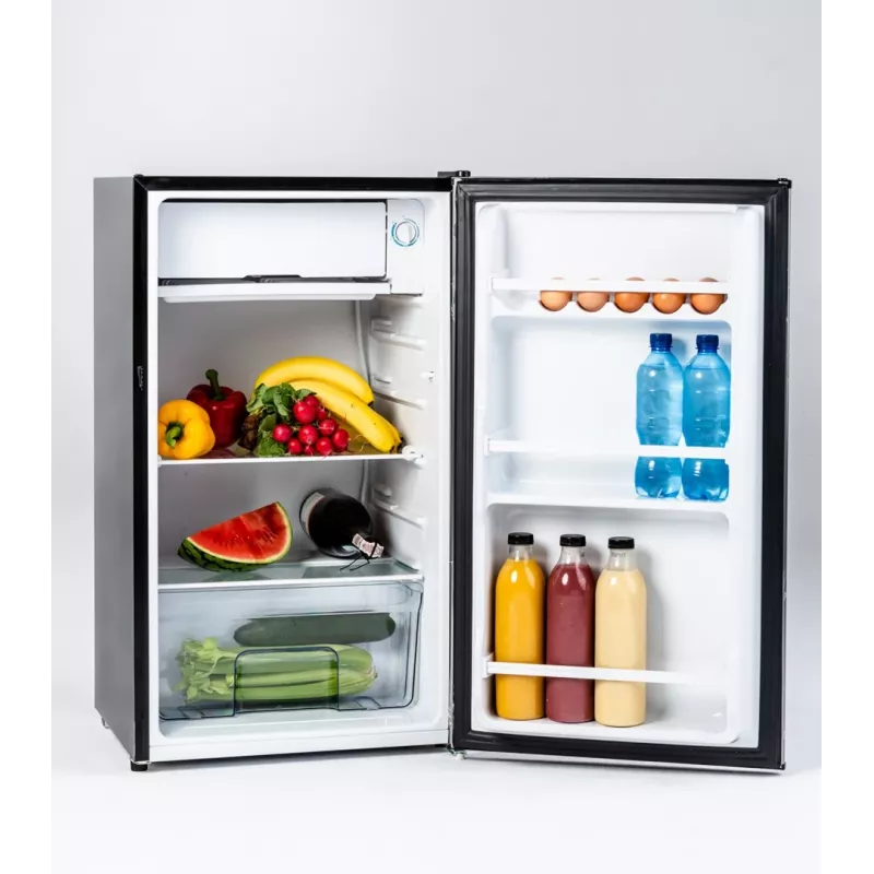 Refrigerator-freezer Ravanson LKK-90ES, freestanding, 91 L total (81 L fridge + 10 L freezer), silver
