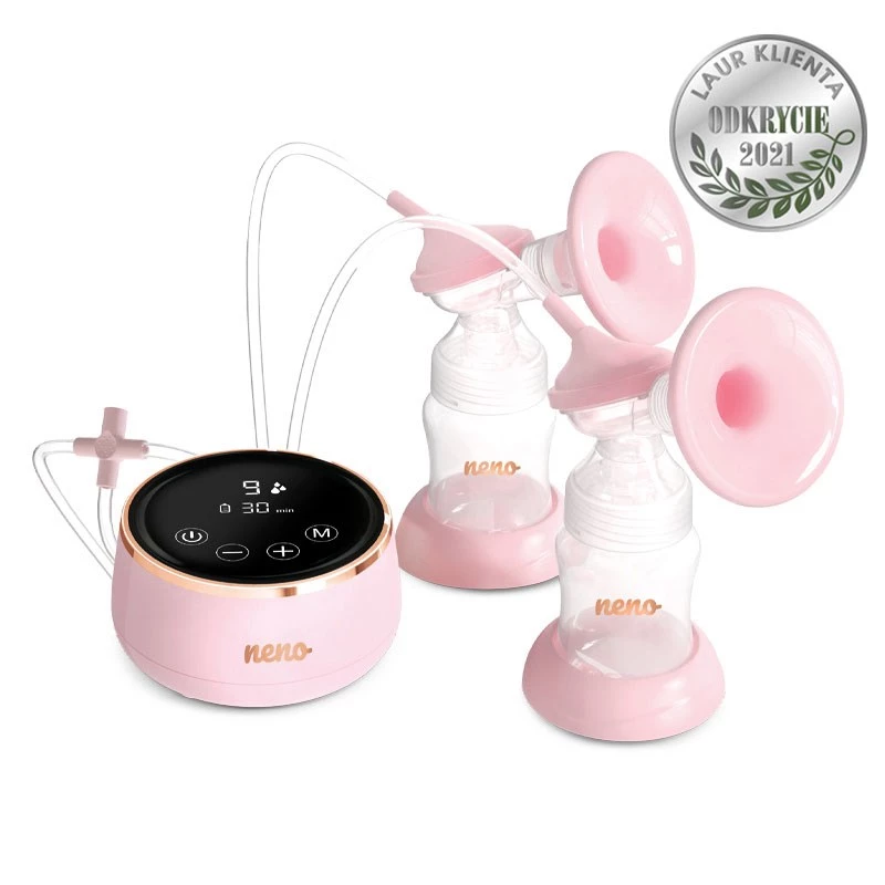 Electric breast pump neno Bella Twin — electronic, 150 ml bottles, 6 stimulation / 9 suction levels, USB Li‑Ion battery, pink/transparent