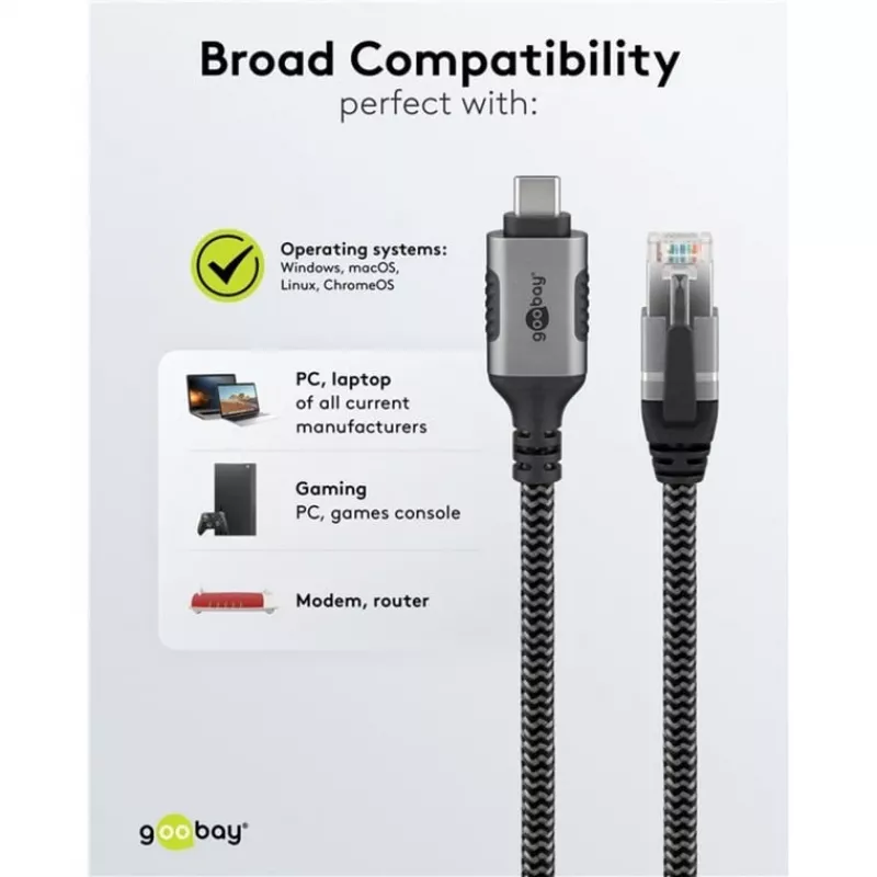Ethernet-Cable USB-C 3.2 Gen2 Plug > RJ-45 Plug (black/Silver, 5 Meter, braided textile jacket)