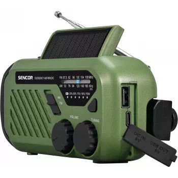 Portable FM/AM Radio SENCOR SRD1000SCLGR with Bluetooth, solar/hand-crank/USB-C charging, 2000mAh battery, IPX4, LED lights