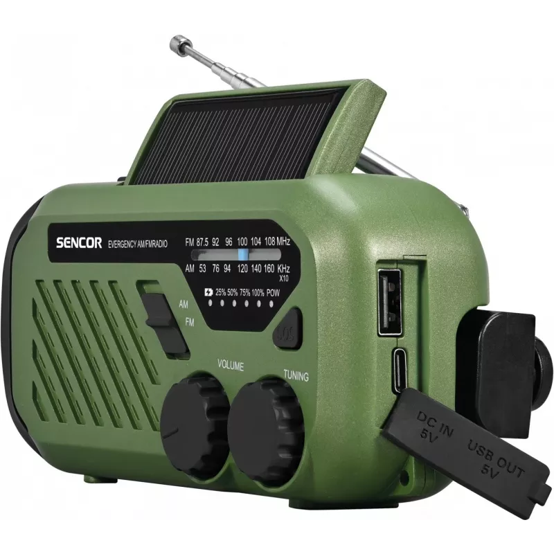 Portable FM/AM Radio SENCOR SRD1000SCLGR with Bluetooth, solar/hand-crank/USB-C charging, 2000mAh battery, IPX4, LED lights