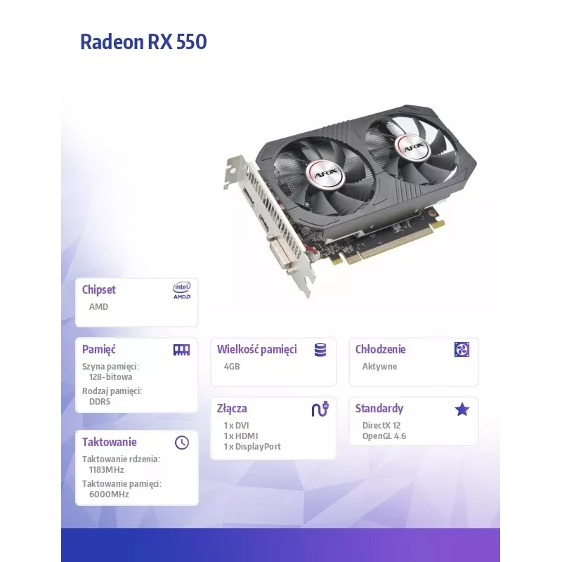 Graphics card AFOX AMD Radeon RX 550 4 GB GDDR5 PCIe 3.0, 1183 MHz, 128-bit, Dual-fan