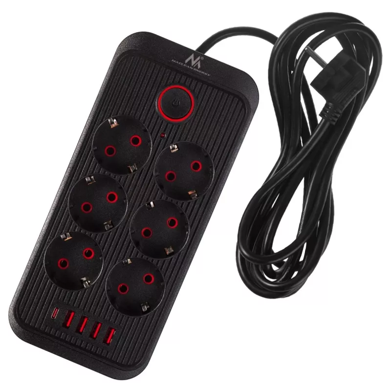 Power strip MACLEAN MCE391 B – 6 sockets, 4×USB-A + 1×USB-C, 110–240V, 2500W, 3 m cable, black
