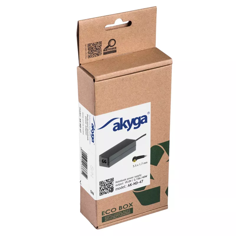 Akyga AK-ND-47 Laptop Power Adapter for Acer, 40 W, 19 V / 2.15 A, 5.5 x 1.7 mm
