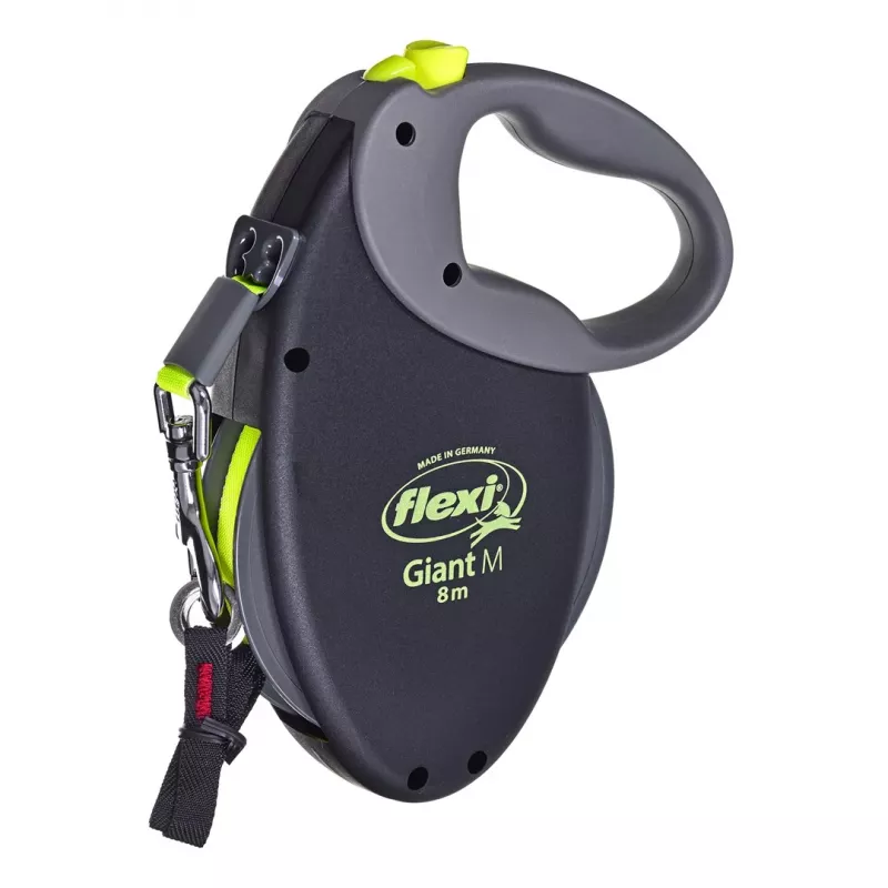 Retractable lead Flexi NEON GIANT M — 8 m tape leash, max load 25 kg, ergonomic handle, black/yellow