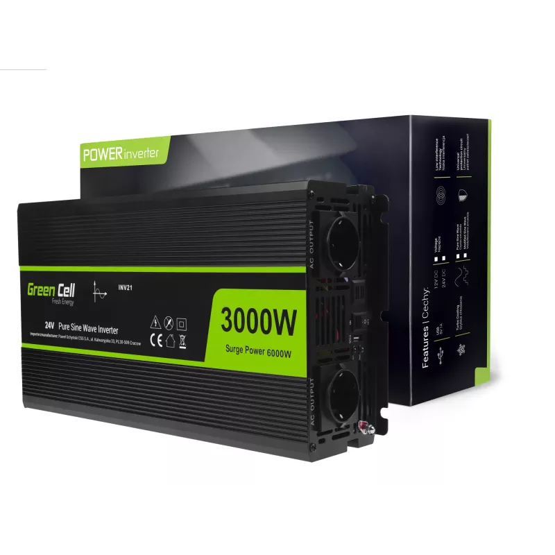 Car inverter Green Cell INV21 6000 W, 24V DC-to-AC, 230V output, 2x USB PD, active cooling, detachable DC connectors, black