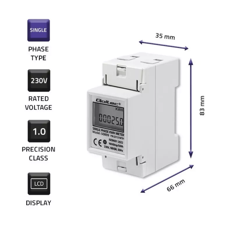 Single-phase energy consumption meter QOLTEC 50899 230 V 50 Hz, 5(60)A, Class 1.0, LCD