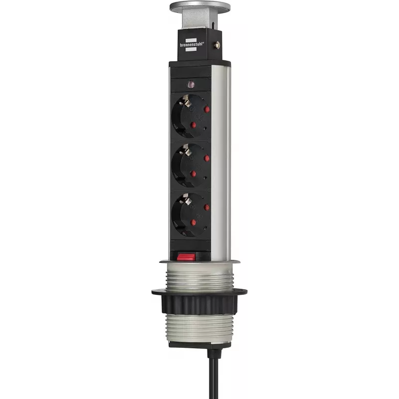 Brennenstuhl Tower Power Table Extension Socket - Extension Cord - 3 Output Plugs - 2,0m - Black, Aluminium (1396200003)