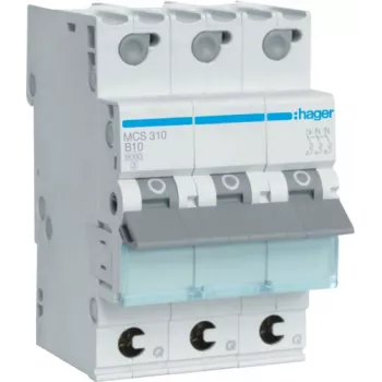 Hager MCS310. Rated Current: 10 A. Type: C-type, Module Quantity (max): 3 Module(e). Width: 52,5 mm, Depth: 70 mm, Height: 83,4 mm (MCS310)
