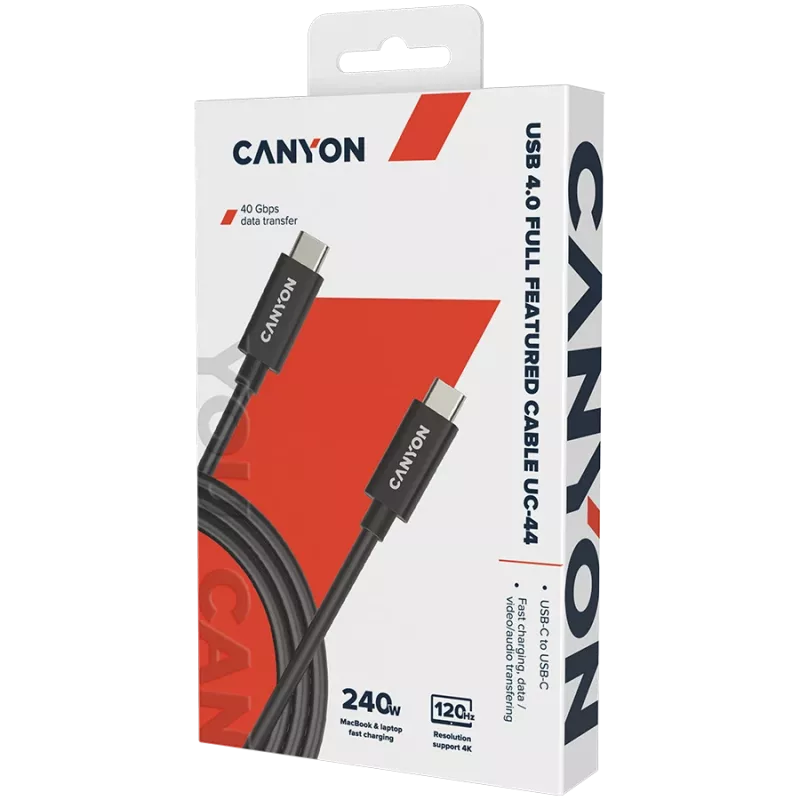 CANYON UC-44, cable, U4-CC-5A1M-E, USB4 TYPE-C to TYPE-C cable assembly 40G 1m 5A 240W(ERP) with E-MARK, CE, ROHS, black