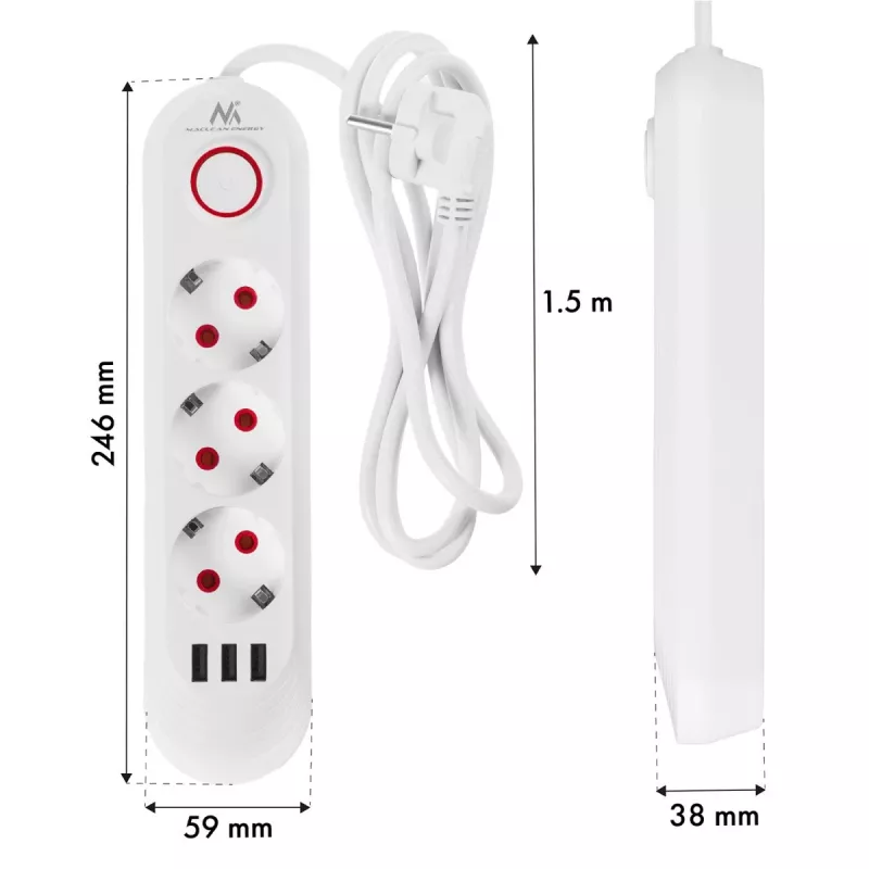 Power strip MACLEAN MCE394W — 3 sockets, 3×USB 2.1A, 110–240V AC, 2500W, 1.5 m cable, white
