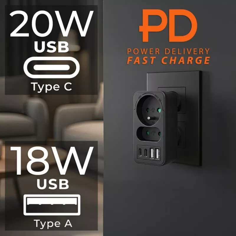 Power splitter MACLEAN MCE249 F/B — 2 AC sockets (16A + 6A) with 2×USB-A and 2×USB-C PD 20W, EU plug, black
