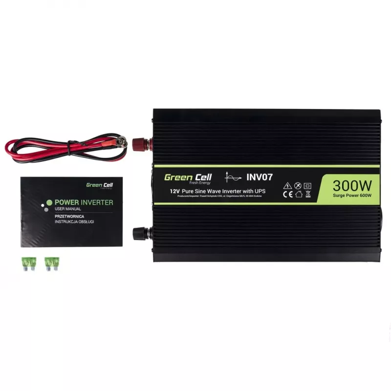 Power inverter Green Cell INV07, DC 12 V to AC 230 V, 300 W, 50 Hz, Type C plug, black