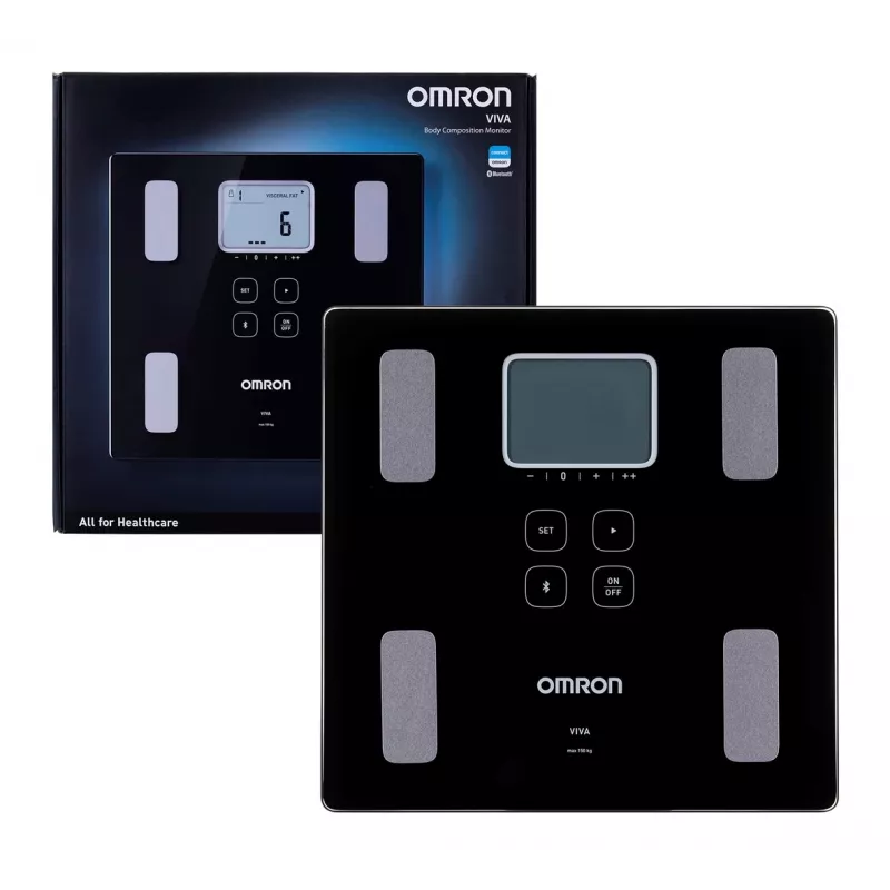 Electronic personal scale Omron VIVA — square, black, max 150 kg, 100 g accuracy, body fat/BMI/BMR, 30-user memory