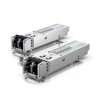 Ubiquiti SFP transceiver that supports using multi-mode fiber with a duplex LC UPC connector. (UACC-OM-MM-1G-D)