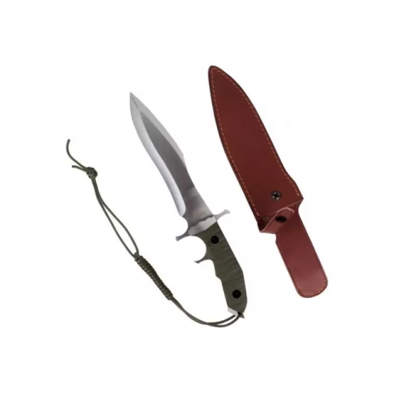 Fixed knife cinema classic CC-H5 Rambo V — Survival knife, steel blade 230 mm, overall length 385 mm, polymer green handle, leather sheath