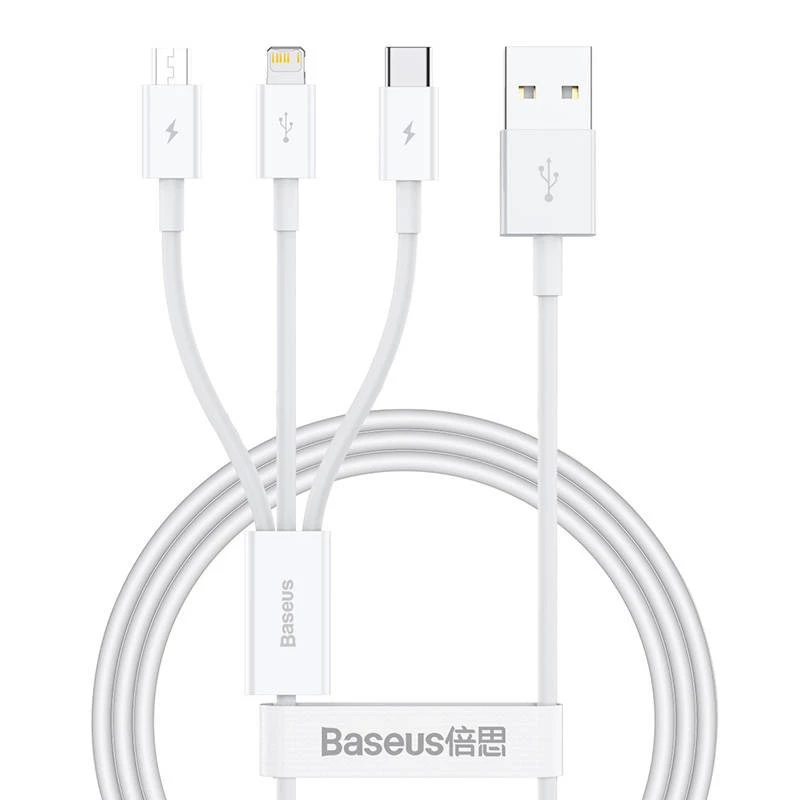 USB cable Baseus SUP0003529 — USB 3.2 Gen 1 (3.1 Gen 1), 1 m, USB-A to USB-C / Micro USB-A / Lightning, White