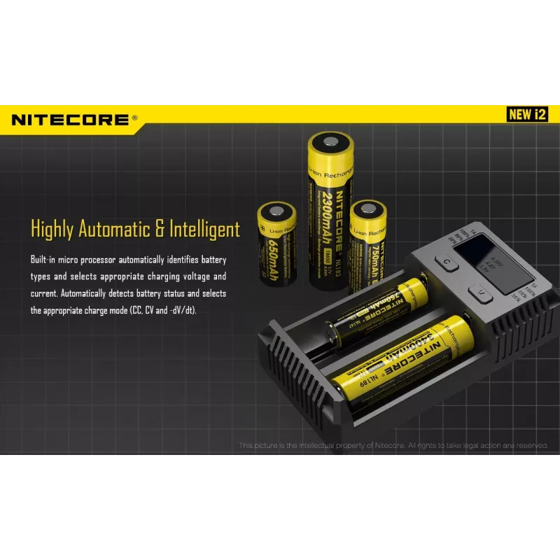 Battery Charger Nitecore NEW i2 — 2‑bay charger for LiFePO4, Li‑Ion, NiMH; input 100–240V; output 9–12V; supports AAAA/C/D/AAA/AA; black