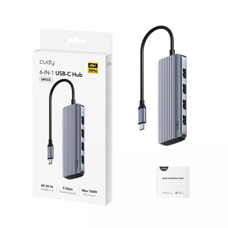 USB-C hub Cudy UH500 — USB 3.2 Gen 1 Type-C host, 6 ports with USB 3.2 Gen 1 Type-A and HDMI, 5000 Mbit/s, Grey/Silver