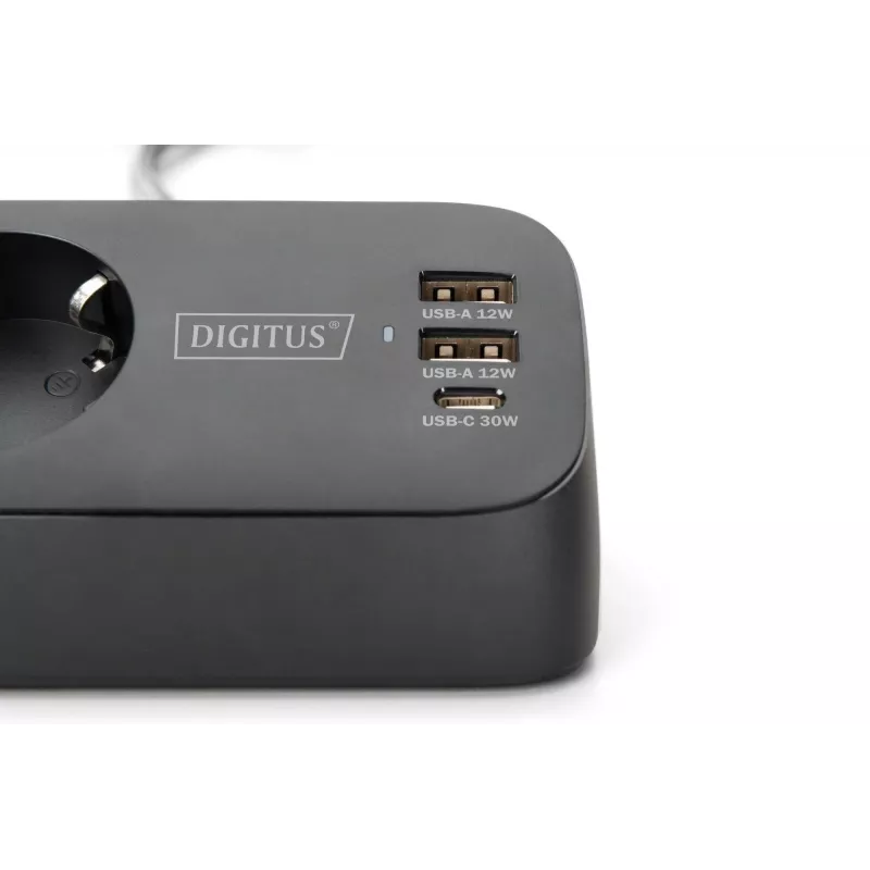 Power strip DIGITUS 3-way with 2×USB-A & 1×USB-C, 3 AC outlets Type E/F, 1.5 m cable, black