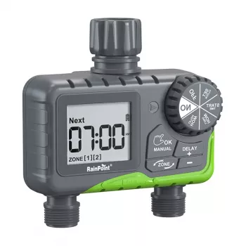 Irrigation hose timer RainPoint ITV205, 2-zone programmable watering schedule
