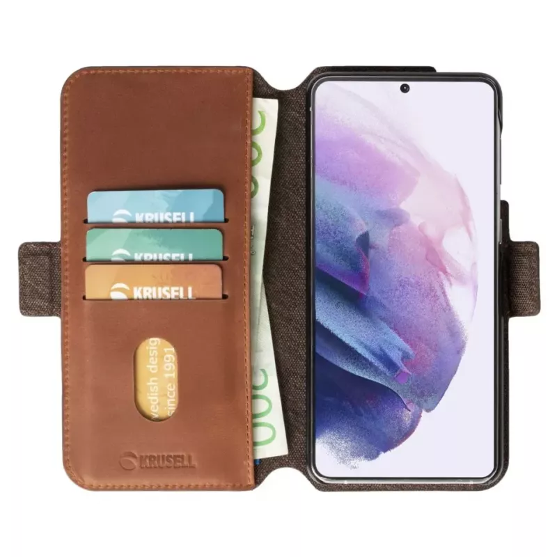 PhoneWallet Krusell for Samsung Galaxy S21+ vintage cognac — wallet-style phone case