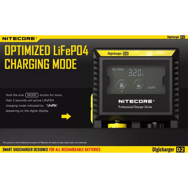 Battery charger Nitecore D2 — 2‑slot charger for AA/AAA/AAAA/C batteries, 100–240V input, 4.2V output, black