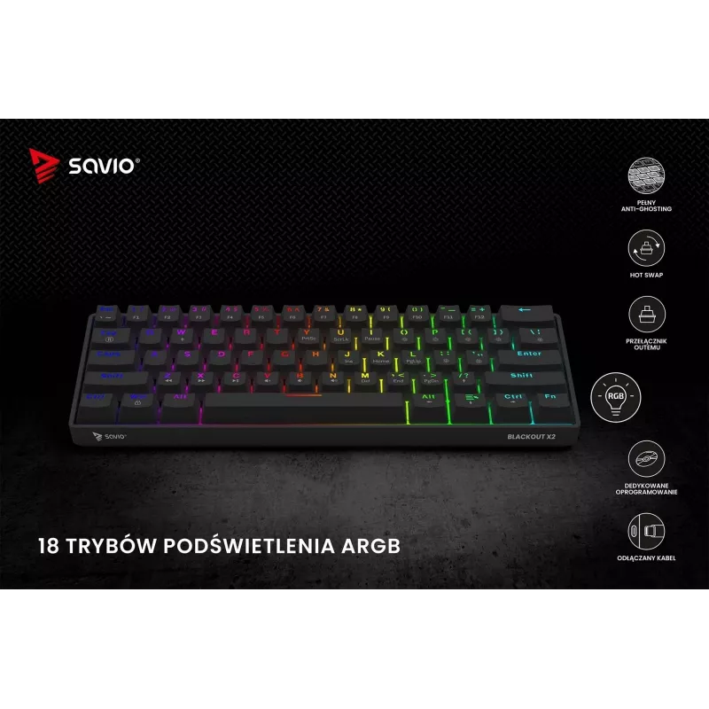 Mechanical gaming keyboard SAVIO BLACKOUT X2 PEACH — 61-key 60% QWERTY, RGB LED, hot-swap, USB Type-A/Type-C, detachable cable