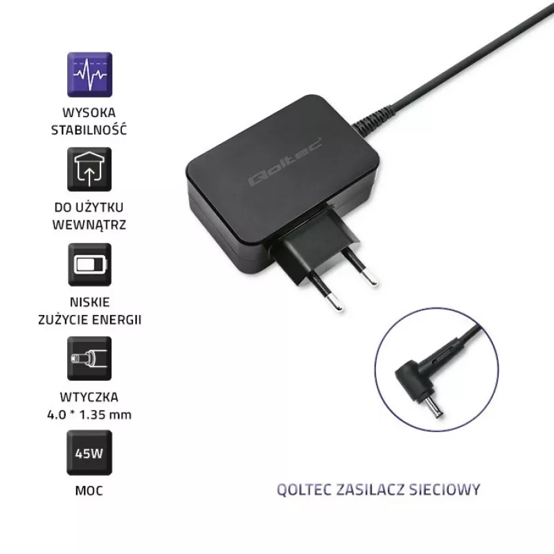 Power adapter QOLTEC 45W 19V for portable devices — replacement adapter 45 W 19 V