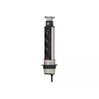 Brennenstuhl Tower Power Table Extension Socket - Extension Cord - 3 Output Plugs - 2,0m - Black, Aluminium (1396200003)
