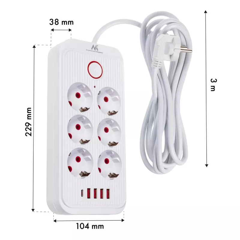 Power strip MACLEAN MCE391 W — 6 sockets, 4×USB-A + 1×USB-C, 3 m cable, 110–240V, 2500W, white