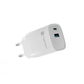 Wired mobile device charger NATEC NUC-2140, 30W, USB-C PD 3.0 + USB-A, Samsung AFC, White