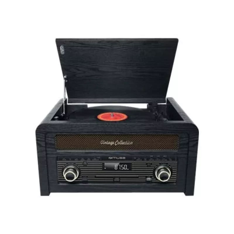 Turntable muse MT-115 W — black/gold, 33-45-78 RPM, J-shaped tonearm, rotary volume, 240V AC