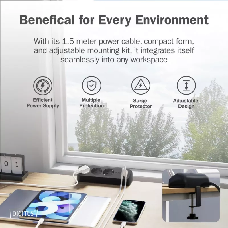Power strip DIGITUS 3-way with 2×USB-A & 1×USB-C, 3 AC outlets Type E/F, 1.5 m cable, black