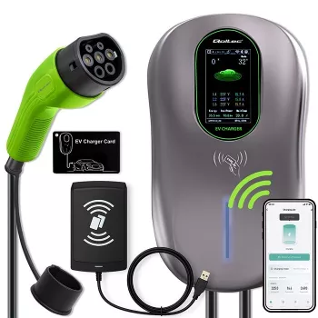 Wallbox QOLTEC EV charging station Type 2 22 kW LCD 2 RFID cards 3-phase 5 m cable hotel system