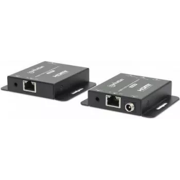 Manhattan 4K HDMI over Ethernet Extender Kit, Extends 4K@30Hz signal up to 40m or a 1080p@60Hz signal up to 70m with a single Cat6 Ethernet Cable, Transmitter and Receiver, Power over Cable (PoC), Black, Three Year Warranty