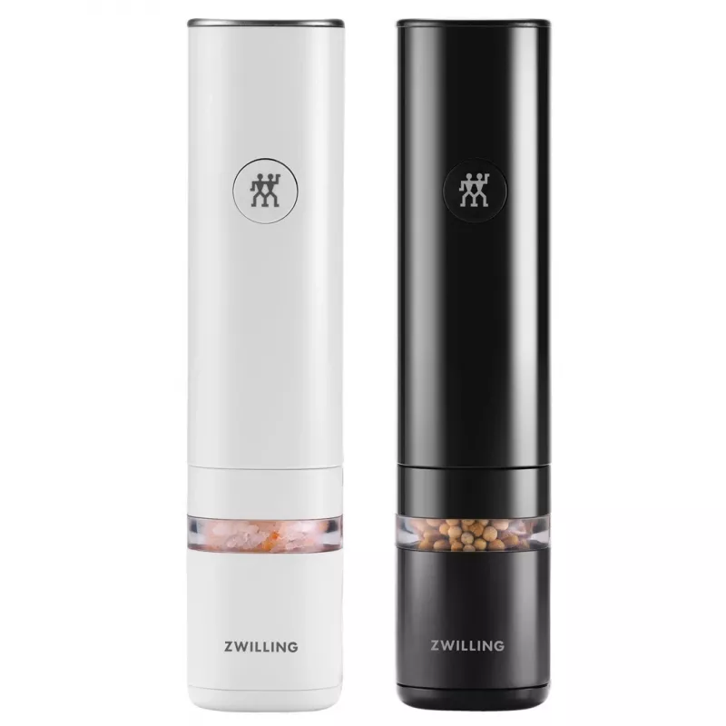 Salt & pepper grinder set ZWILLING Enfinigy electric, ceramic grinders, white & black, battery-operated, adjustable grind