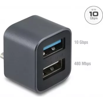 DELOCK Mini USB Hub USB Type-C plug to 1x USB 10 Gbps Type-A and 1x USB 2.0 Type-A (model 64359)