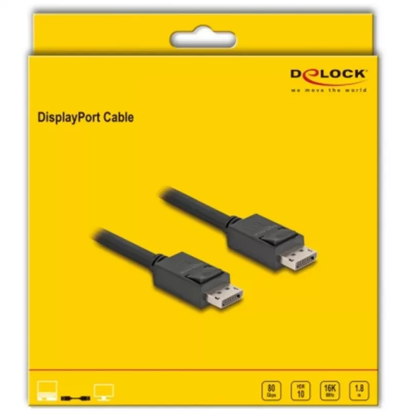 Delock - DisplayPort-Cable - DisplayPort (M) latched to DisplayPort (M) latched - DisplayPort 2,1 - 1,8m - Supports 16K 60 Hz (15,360 x 8640), to 80 Gbps Data Transfer