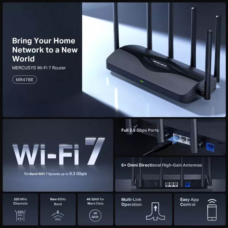 Tabletop router MERCUSYS MR47BE — Tri‑band Wi‑Fi 7 (2.4/5/6 GHz), 9300 Mbps, 3× RJ‑45, 2.5GbE, 6 external antennas
