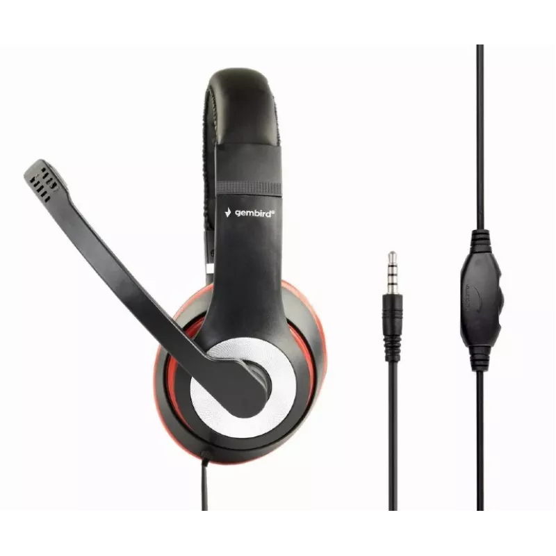 Wired gaming headset GEMBIRD MHS-03-BKRD — binaural, circumaural, 3.5 mm, 1.8 m cable, red/black