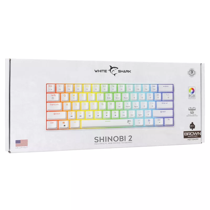 Mechanical keyboard White Shark Shinobi-2 Brown Switch US layout — compact design, Brown switches