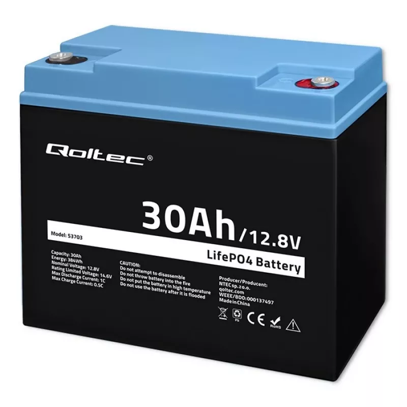 Rechargeable LiFePO4 Battery QOLTEC 12.8V 30Ah 384Wh with BMS
